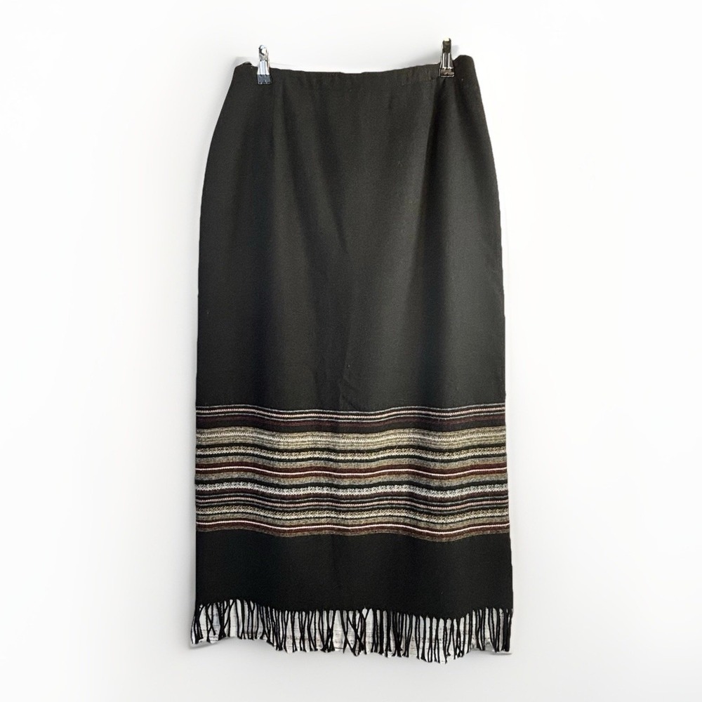 Vintage Coastal‎ Boho Cowgirl Skirt Wool Blend Maxi 12 Black Fringed Western